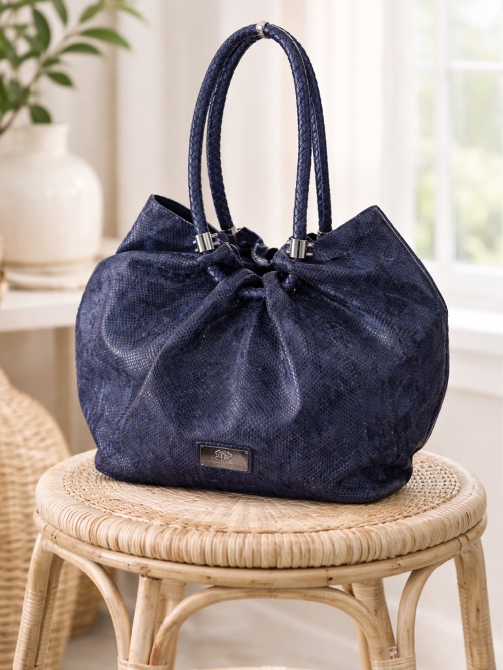 Sharif Blue Leather Shoulder Bag snake skin Braided handle structured tote